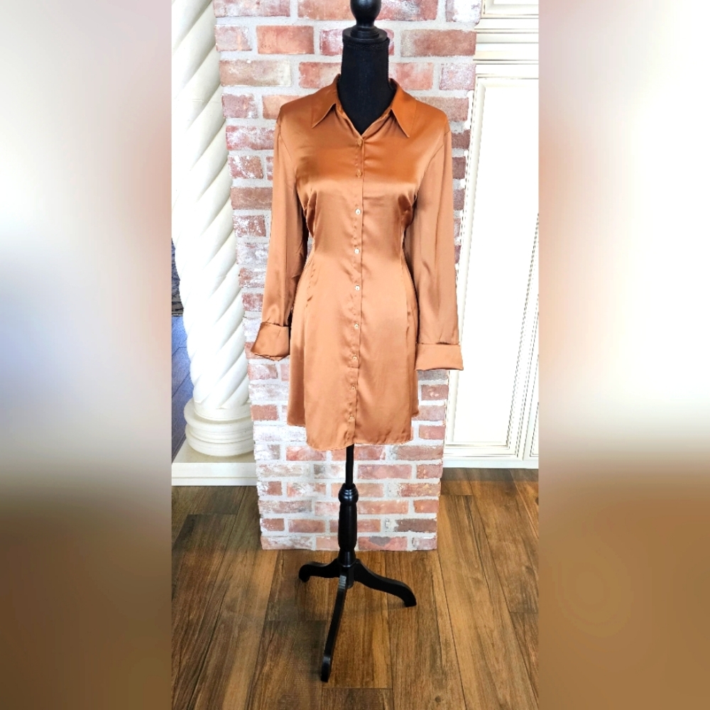 Abercrombie & Fitch NWT Bronze Satin Shirt Dress Size L